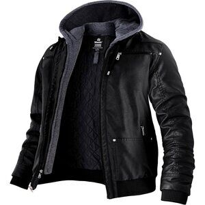 Men's Black-Thick Winter Coat Faux Leather Spring Jacket with Removable Hood